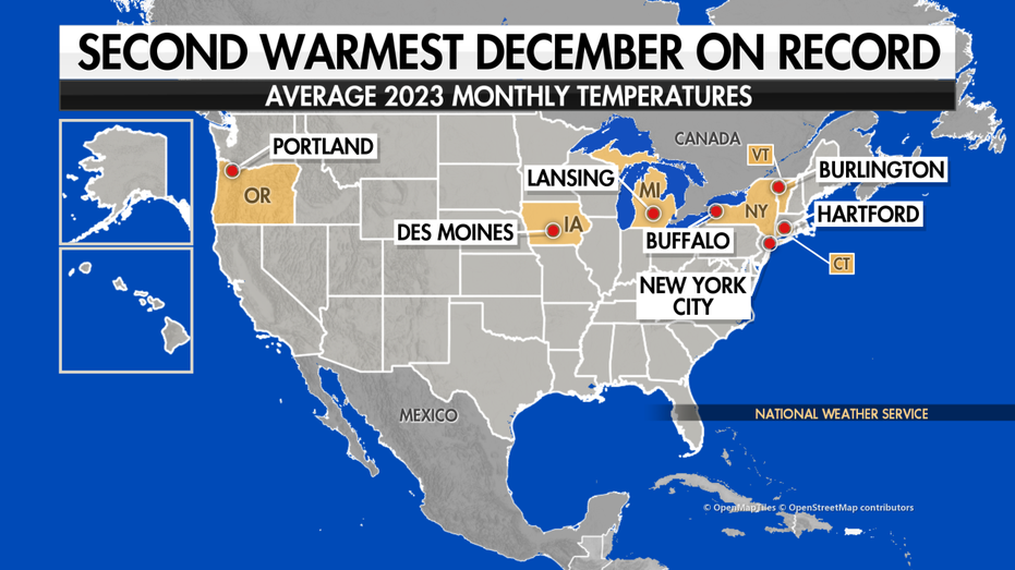 map of the us showing cities with the second highest december temperatures on record