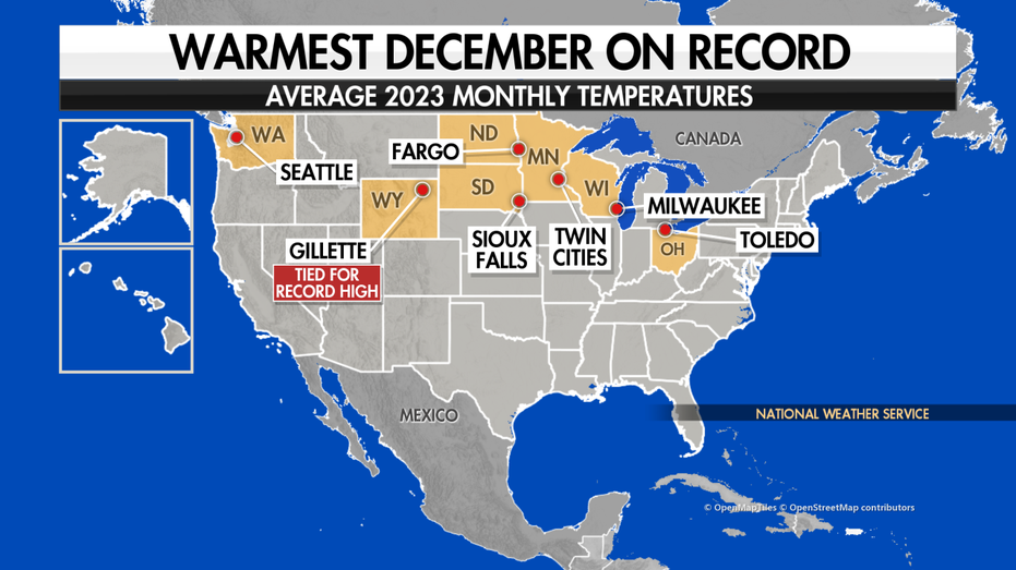 map of the us showing cities with the highest december temperatures on record