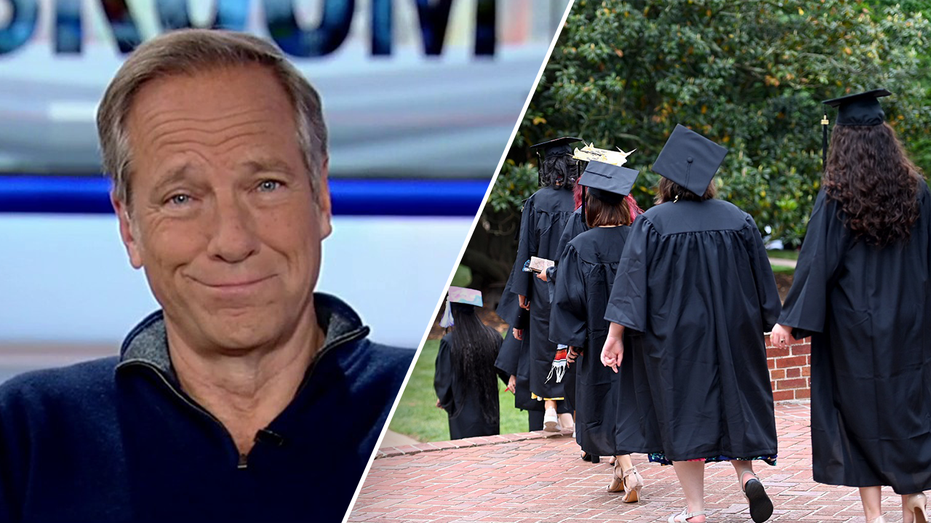 Mike Rowe (Left) Graduates walking (Right)