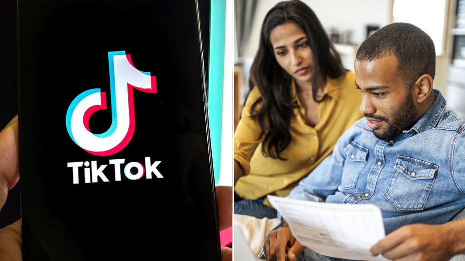 TikTok phone and couple looking at their finances split image