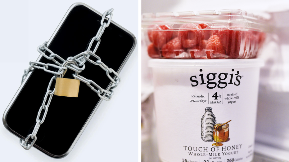 Smartphone with chains on it with siggi's yogurt cup