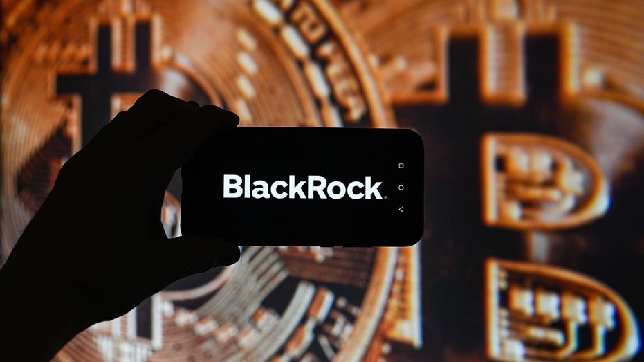 An illustration shows the BlackRock logo on a smartphone with cryptocurrency in the background