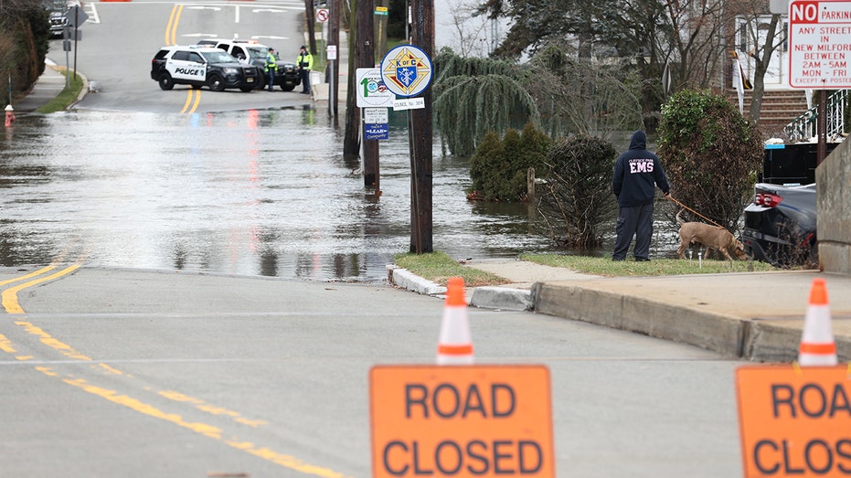 A road closed due to flooding in northern New Jersey
