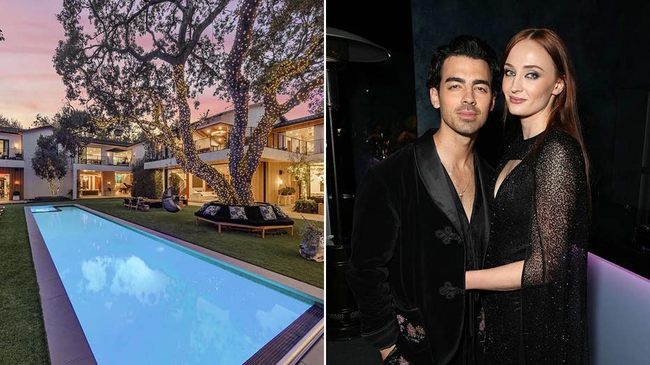 A split of the backyard swimming pool and Joe Jonas and Sophie Turner