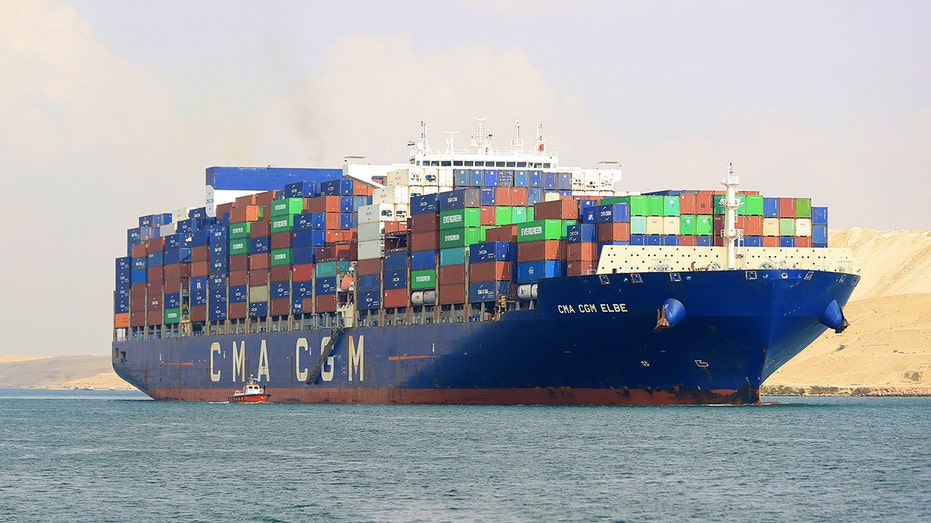 A cargo ship crosses the Suez Cana