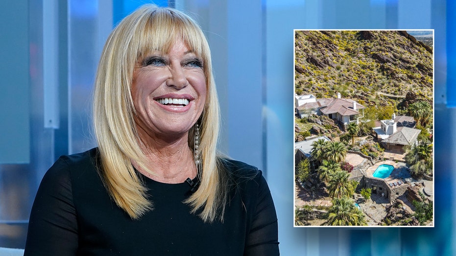 Suzanne Somers next to an inset of her house