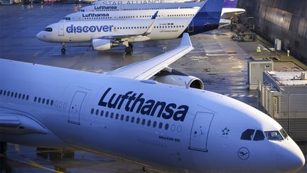 Passenger aircraft operated by Deutsche Lufthansa AG, during a strike by airport security workers, at Frankfurt Airport in Frankfurt, Germany, on Thursday, Feb. 1, 2024. 