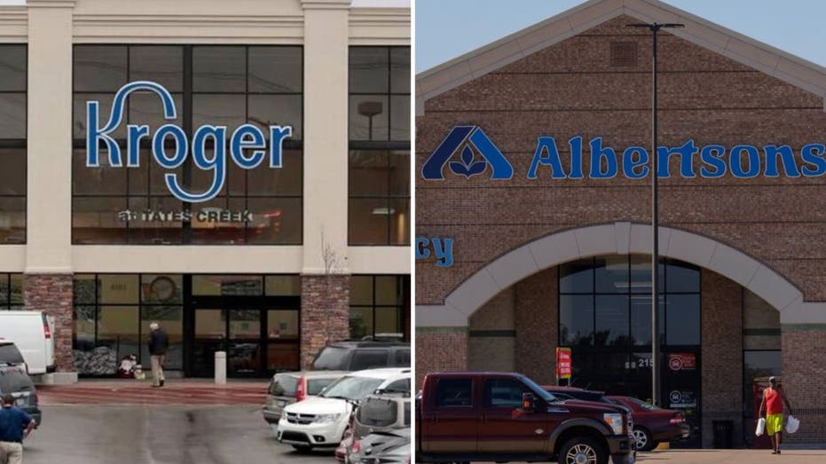 A split image of Kroger and Albertsons storefronts