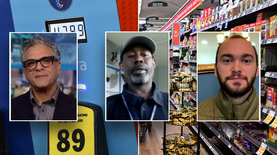 Three men in front of gas (left) grocery aisle (right)