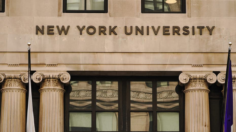 A view of New York University sign on the campus building