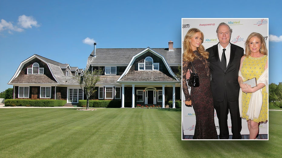 A photo of the Hilton's Hamptons vacation home inset with a photo of Paris Hilton, Rick Hilton and Kathy Hilton