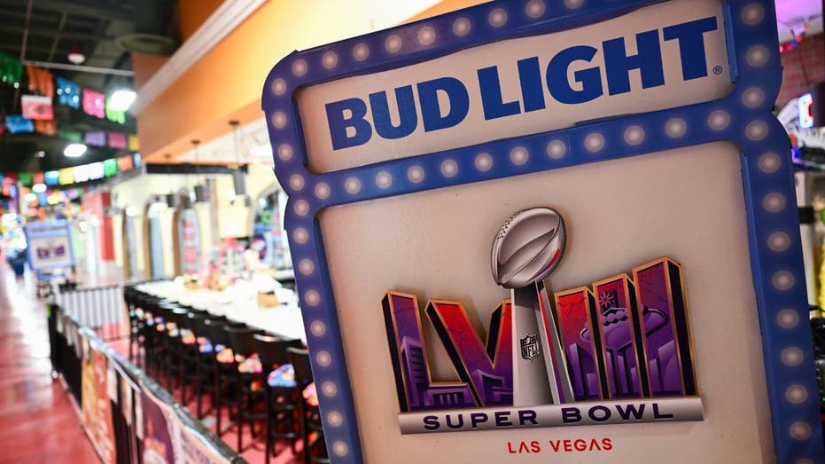 sign showing bud light, super bowl in las vegas