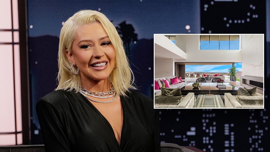 Christina Aguilera with an inset of her house