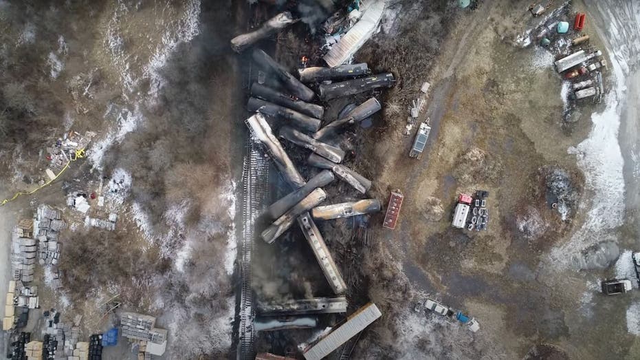 aerial view of East Palestine, Ohio, derailment