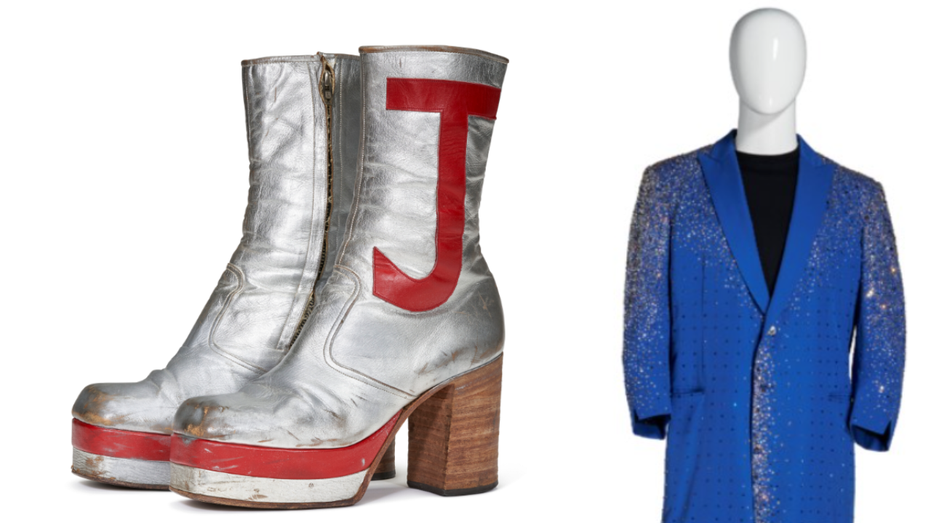 Split image of Elton John's boots and outfit