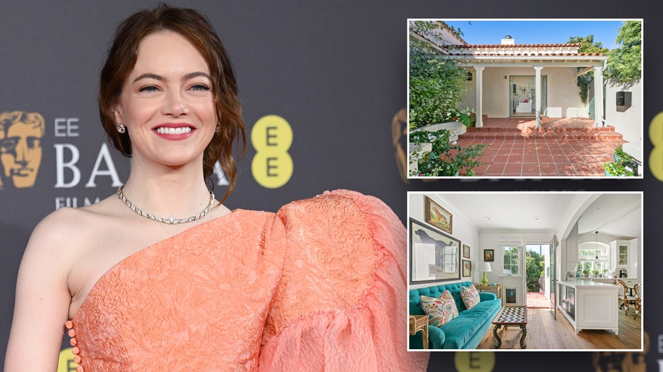 Emma Stone with two insets of her house.
