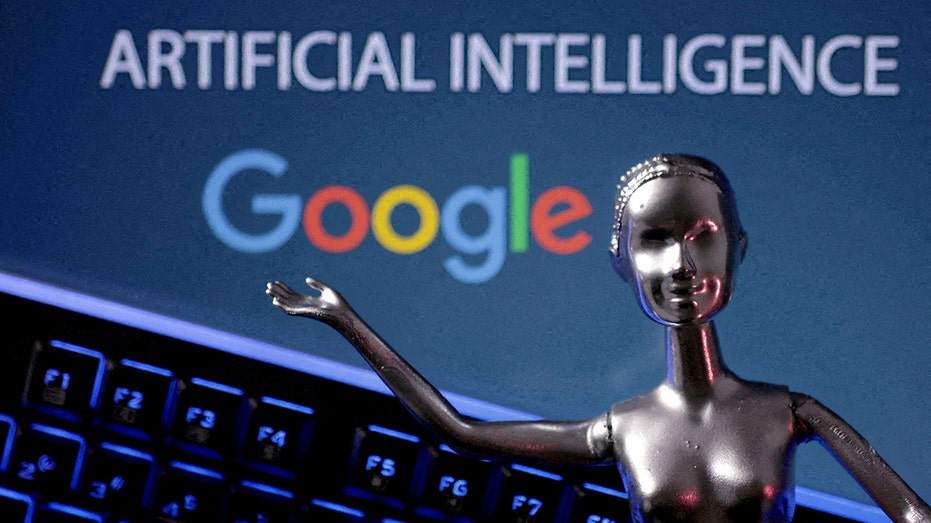 An illustration with the Google logo and a figure representing artificial intelligence
