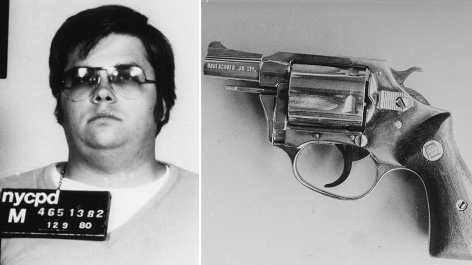 Split image of Mark David Chaoman and his gun