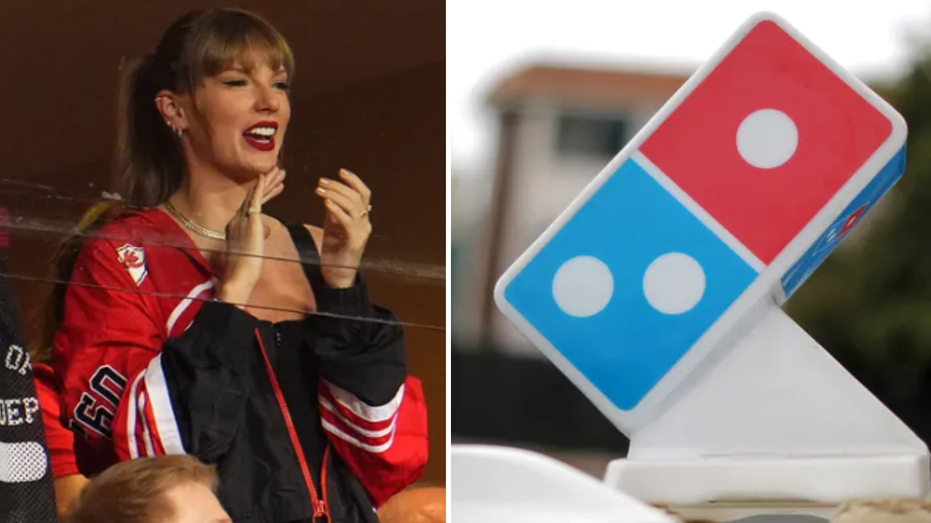 Split image of Taylor Swift and Domino's logo