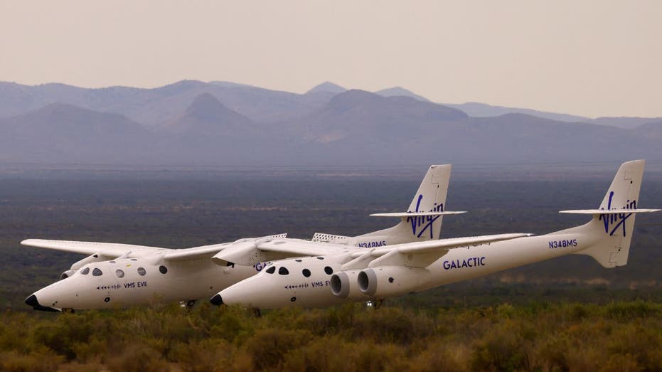 VMS Eve, operated by Virgin Galactic, returns after the company's first commercial flight to the edge of space, at the Spaceport America facility, in Truth or Consequences, New Mexico, U.S., June 29, 2023. 
