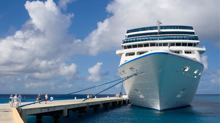 A cruise ship docked at an unnamed location