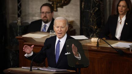 President Joe Biden delivers the State of the Union address during a joint meeting of Congress in the House chamber at the U.S. Capitol on March 07, 2024 in Washington, DC. This is Biden’s last State of the Union address before the general election this coming November. Biden was joined by Vice President Kamala Harris and Speaker of the House Mike Johnson (R-LA). 