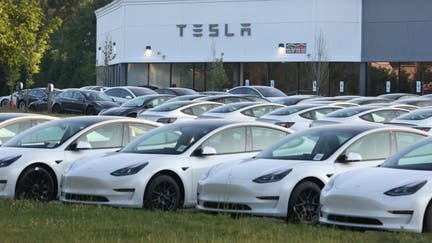 Smithtown, N.Y.: New Tesla electric vehicles fill the car lot at the Tesla retail location on Route 347 in Smithtown, New York on July 5, 2023. This location is one of five Tesla-owned centers throughout the state. 