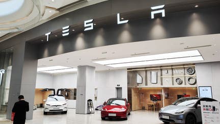 Models of the new energy vehicle series are being displayed at a Tesla store in Shanghai, China, on March 26, 2024. 