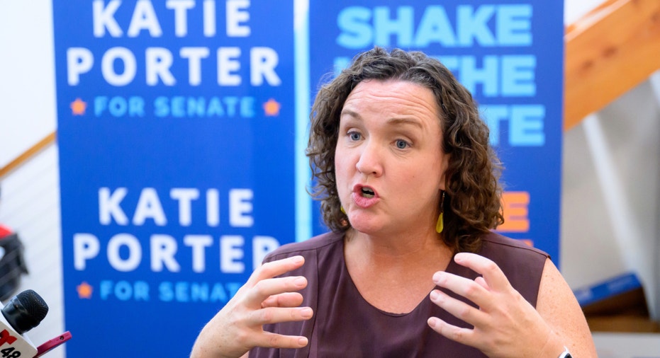 Senate candidate, Rep. Katie Porter, D-Calif., speaks to members of the media during a campaign event on Feb. 24, 2024 in Emeryville, California.