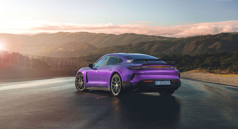 Purple Porsche Taycan Turbo GT with the Weissach package.