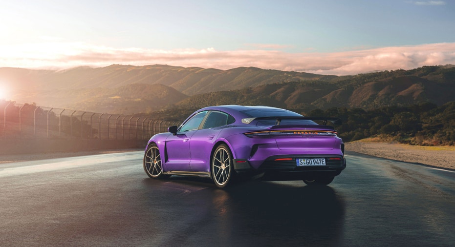 Purple Porsche Taycan Turbo GT with the Weissach package.