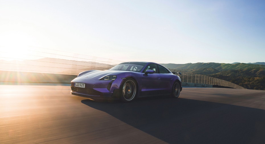 Dark blue Porsche Taycan Turbo GT with the Weissach package.