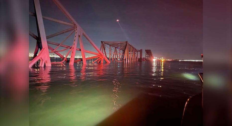 nearby view of damaged Francis Scott Key Bridge