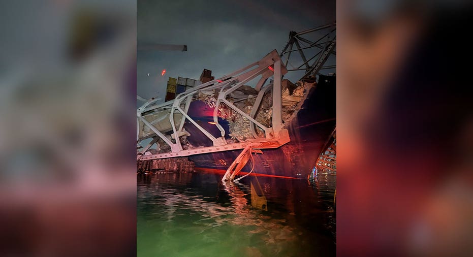 nearby view of damaged Francis Scott Key Bridge