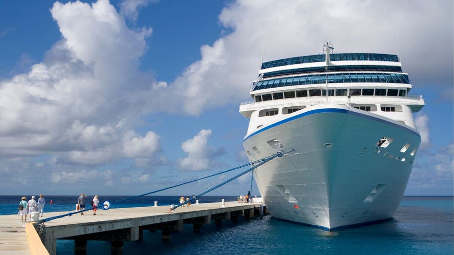A large cruise ship docked and passengers walking towards it
