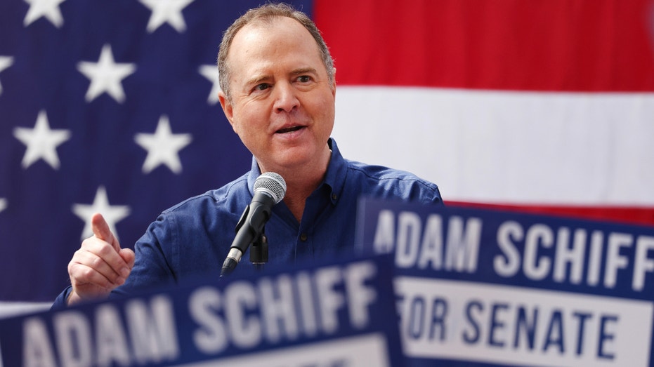 Rep. Adam Schiff, D-Calif., speaks to supporters outside the International Alliance of Theatrical Stage Employees Union Hall on Feb. 11, 2023 in Burbank, California.
