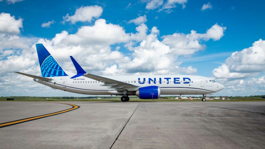 A United Airlines Boeing 737 Max 8 jet aircraft.