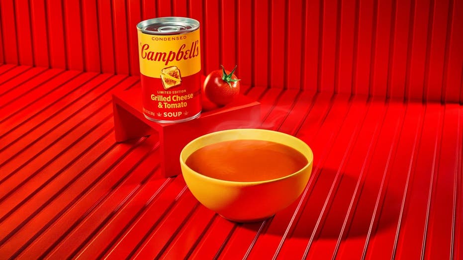 Grilled cheese tomato soup can and bowl of soup
