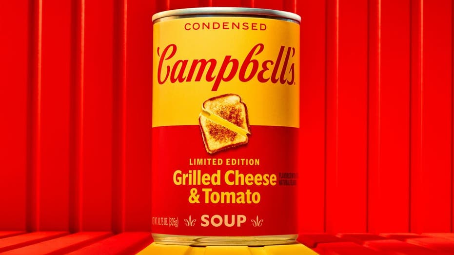 Close-up of grilled cheese tomato soup can