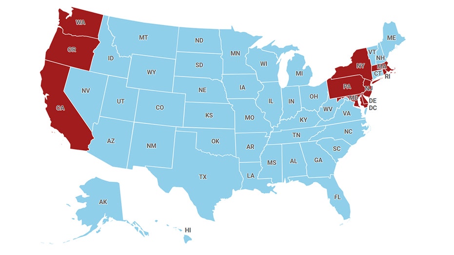 US map with highlighted states that are planning to ban gas-powered cars