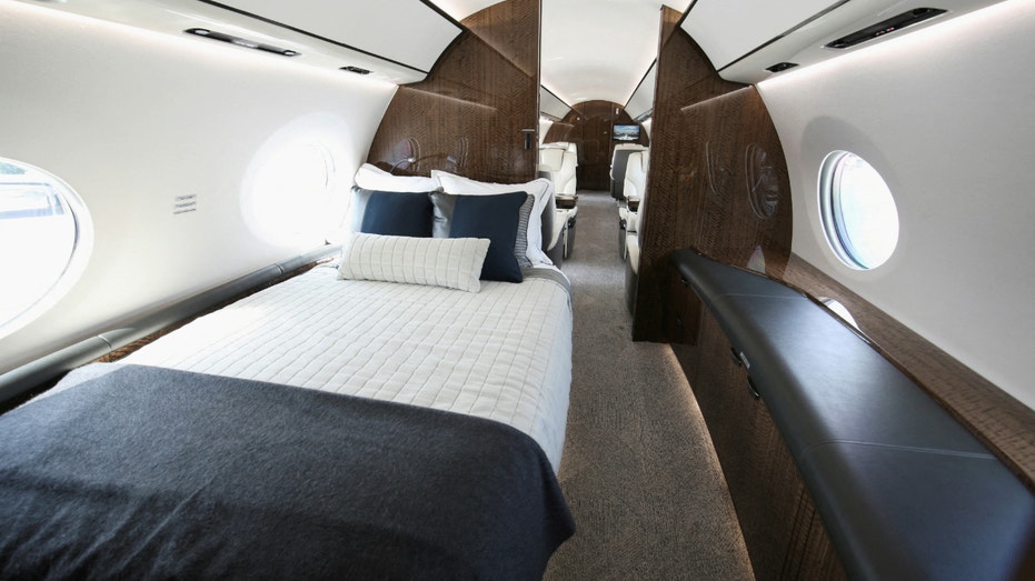 The interior of a G700 aircraft, one of the newest in Gulfstream Aerospace's lineup, is on display at the National Business Aviation Association (NBAA) convention and exhibition in Orlando, Florida, on Oct. 17, 2022.