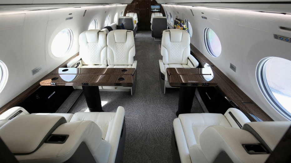 The interior of a G700 aircraft, one of the newest in Gulfstream Aerospace's lineup, is on display at the National Business Aviation Association (NBAA) convention and exhibition in Orlando, Florida, on Oct. 17, 2022.