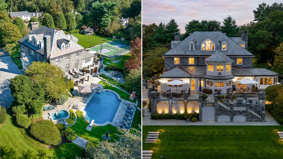 The exterior of a home featuring a pool, tennis court, gazebo and a wrap-around terrace.