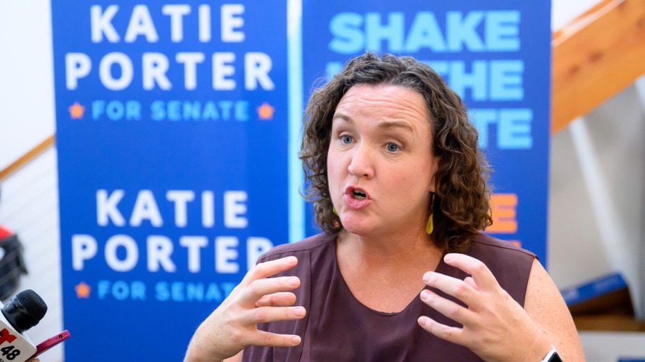 Senate candidate, Rep. Katie Porter, D-Calif., speaks to members of the media during a campaign event on Feb. 24, 2024 in Emeryville, California.