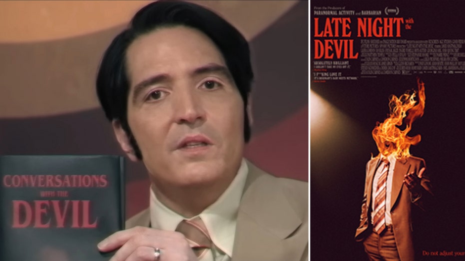 David Dastmalchian in a scene from Late Night with the Devil, side by side a poster for Late Night with the Devil