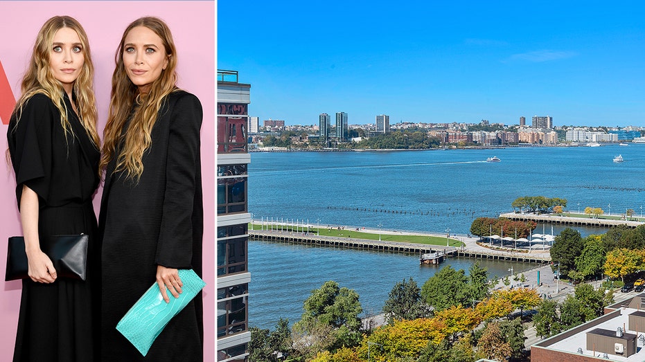 side by side photo of Mary-Kate and Ashley Olsen with a photo of their penthouse view