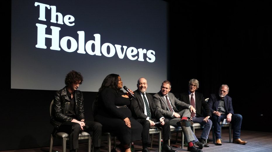 (L-R) Dominic Sessa, Da'Vine Joy Randolph, Paul Giamatti, Writer/Producer David Hemingson, Director Alexander Payne and moderator Taylor Hackford speak at a special screening of Focus Features' "The Holdovers" at The London West Hollywood at Beverly Hills on Nov. 17, 2023 in West Hollywood, California.