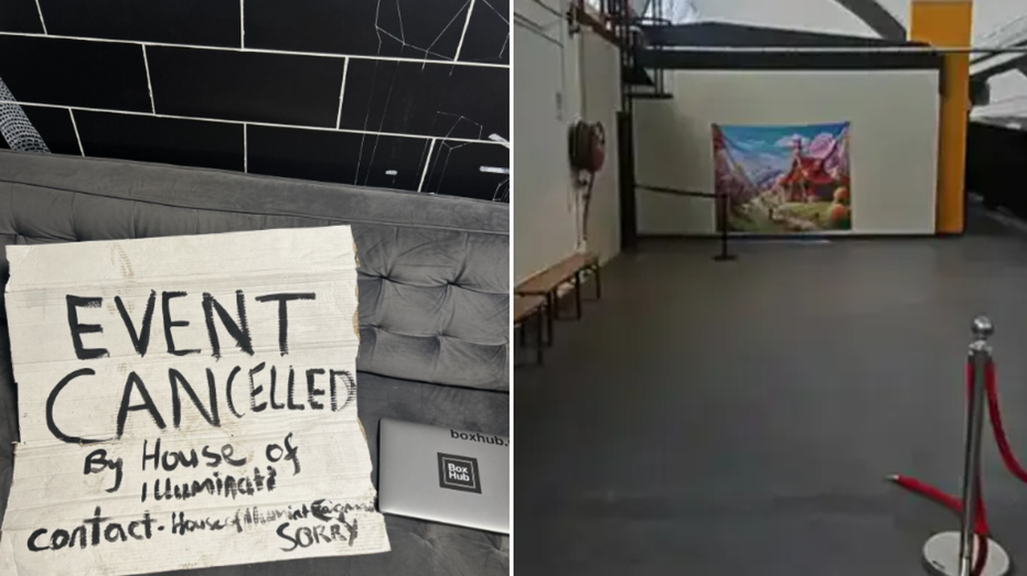 Split image of EVENT CANCELLED sign and warehouse