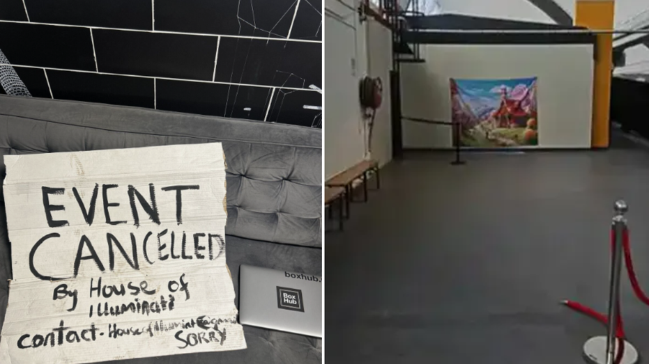 Split image of EVENT CANCELLED sign and warehouse