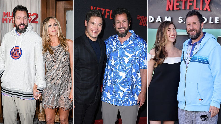 Adam Sandler with Jennifer Aniston at the premiere of "Murder Mystery 2" split Adam Sandler in a blue printed shirt with Adam Devine at a premire split Adam Sandler with his wife at a premiere